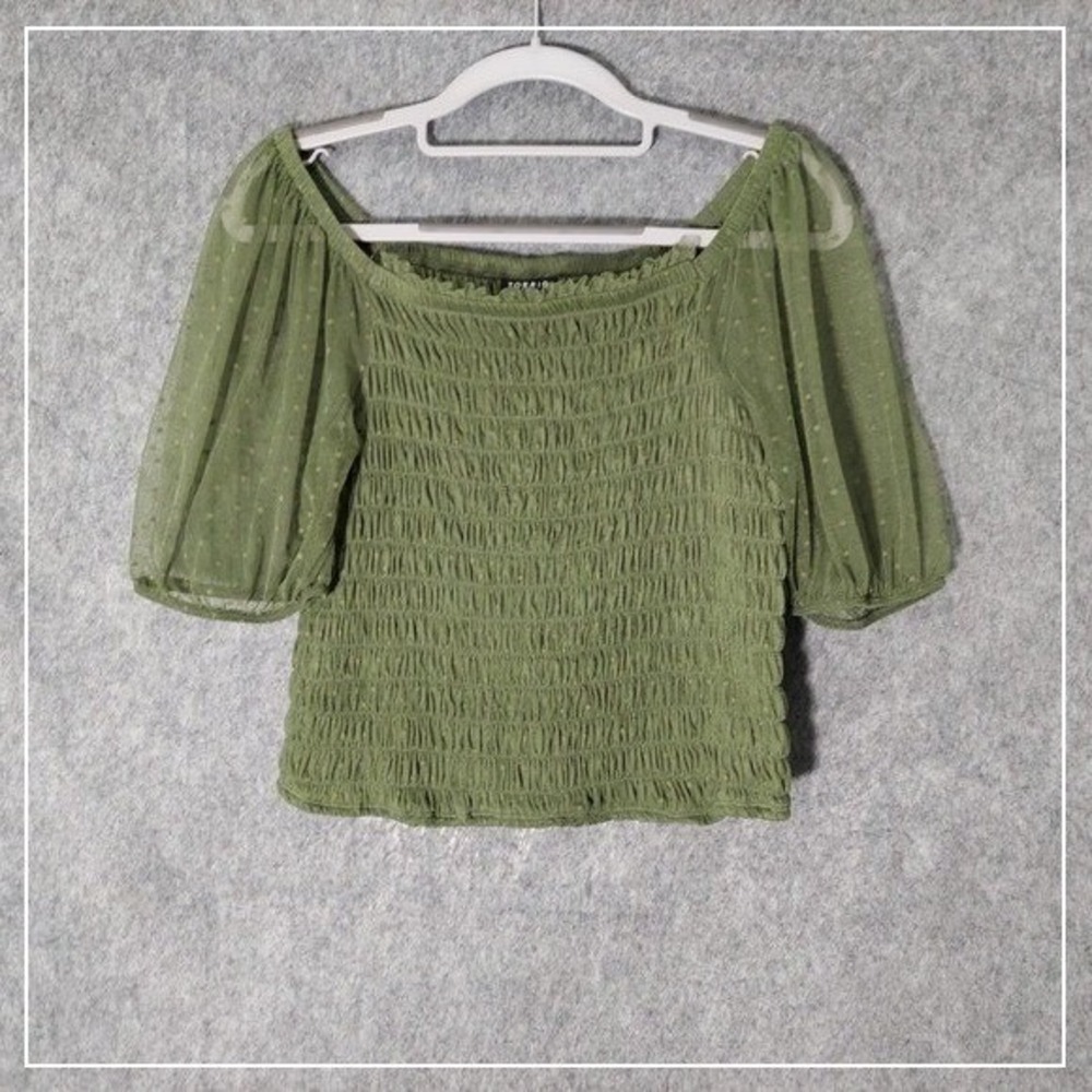 Torrid Top 0 L Olive Smocked Mesh Puff Sleeve Crop Cottagecore Romantic Boho